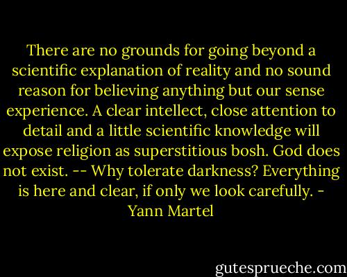 There are no grounds for going beyond a scientific explanation of reality and no sound reason for believing anything but our sense experience. A clear intellect, close attention to detail and a little scientific knowledge will expose religion as superstitious bosh. God does not exist. -- Why tolerate darkness? Everything is here and clear, if only we look carefully. - Yann Martel