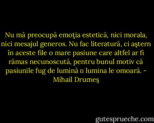 Nu mă preocupă emoţia estetică, nici morala, nici mesajul generos. Nu fac literatură, ci aştern în aceste file o mare pasiune care altfel ar fi rămas necunoscută, pentru bunul motiv că pasiunile fug de lumină ― lumina le omoară. - Mihail Drumeş
