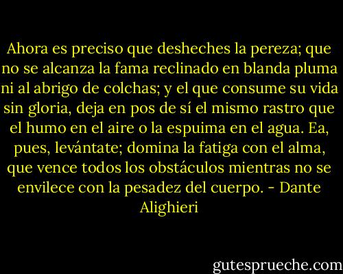 Ahora es preciso que desheches la pereza; que no se alcanza la fama reclinado en blanda pluma ni al abrigo de colchas; y el que consume su vida sin gloria, deja en pos de sí el mismo rastro que el humo en el aire o la espuima en el agua. Ea, pues, levántate; domina la fatiga con el alma, que vence todos los obstáculos mientras no se envilece con la pesadez del cuerpo. - Dante Alighieri