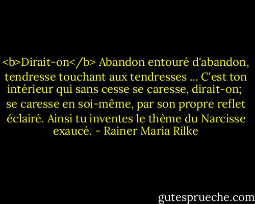 <b>Dirait-on</b><br />Abandon entouré d'abandon,<br />tendresse touchant aux tendresses ...<br />C'est ton intérieur qui sans cesse<br />se caresse, dirait-on;<br /><br />se caresse en soi-même,<br />par son propre reflet éclairé.<br />Ainsi tu inventes le thème<br />du Narcisse exaucé. - Rainer Maria Rilke