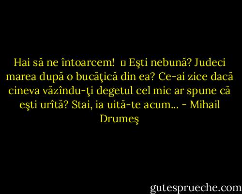 Hai să ne întoarcem!<br /> ― Eşti nebună? Judeci marea după o bucăţică din ea? Ce-ai zice dacă cineva văzîndu-ţi degetul cel mic ar spune că eşti urîtă? Stai, ia uită-te acum... - Mihail Drumeş
