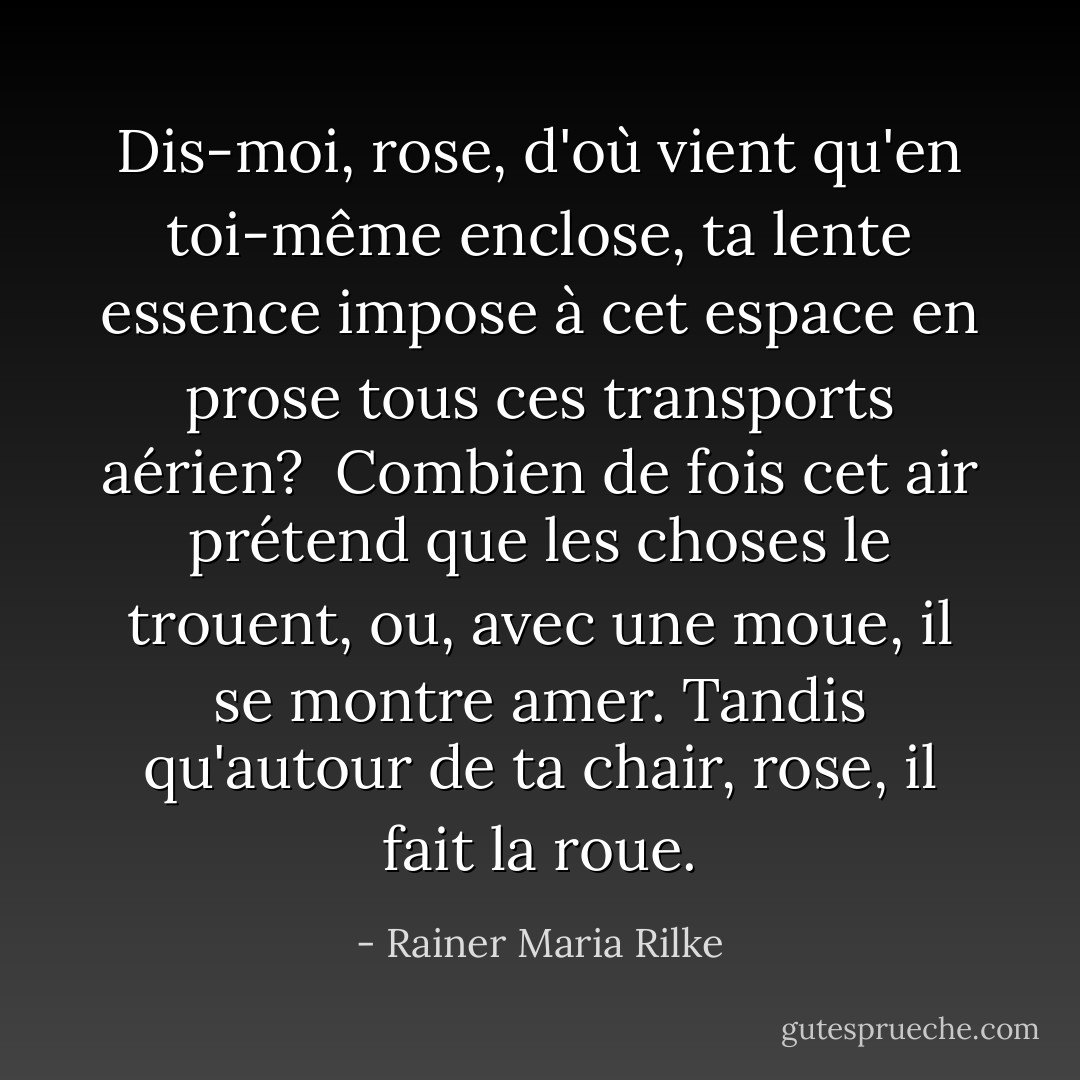Dis-moi, rose, d'où vient<br />qu'en toi-même enclose,<br />ta lente essence impose<br />à cet espace en prose<br />tous ces transports aérien?<br /><br />Combien de fois cet air<br />prétend que les choses le trouent,<br />ou, avec une moue,<br />il se montre amer.<br />Tandis qu'autour de ta chair,<br />rose, il fait la roue. - Rainer Maria Rilke