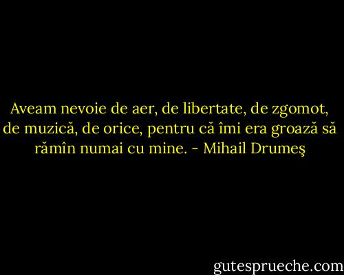 Aveam nevoie de aer, de libertate, de zgomot, de muzică, de orice, pentru că îmi era groază să rămîn numai cu mine. - Mihail Drumeş
