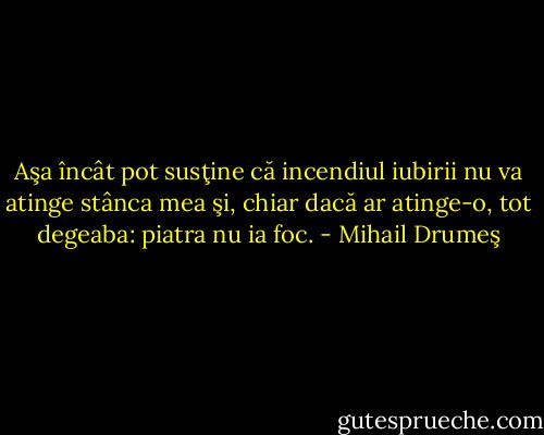 Aşa încât pot susţine că incendiul iubirii nu va atinge stânca mea şi, chiar dacă ar atinge-o, tot degeaba: piatra nu ia foc. - Mihail Drumeş