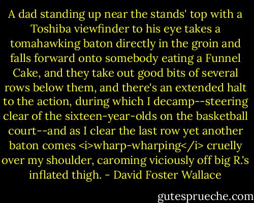 A dad standing up near the stands' top with a Toshiba viewfinder to his eye takes a tomahawking baton directly in the groin and falls forward onto somebody eating a Funnel Cake, and they take out good bits of several rows below them, and there's an extended halt to the action, during which I decamp--steering clear of the sixteen-year-olds on the basketball court--and as I clear the last row yet another baton comes <i>wharp-wharping</i> cruelly over my shoulder, caroming viciously off big R.'s inflated thigh. - David Foster Wallace