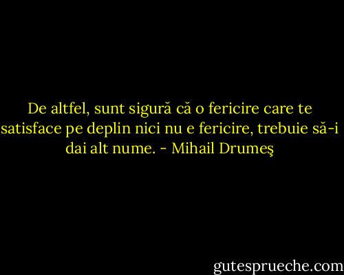 De altfel, sunt sigură că o fericire care te satisface pe deplin nici nu e fericire, trebuie să-i dai alt nume. - Mihail Drumeş