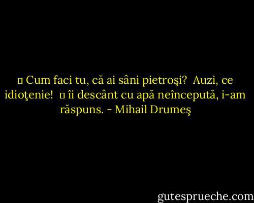 ― Cum faci tu, că ai sâni pietroşi? <br />Auzi, ce idioţenie! <br />― îi descânt cu apă neîncepută, i-am răspuns. - Mihail Drumeş