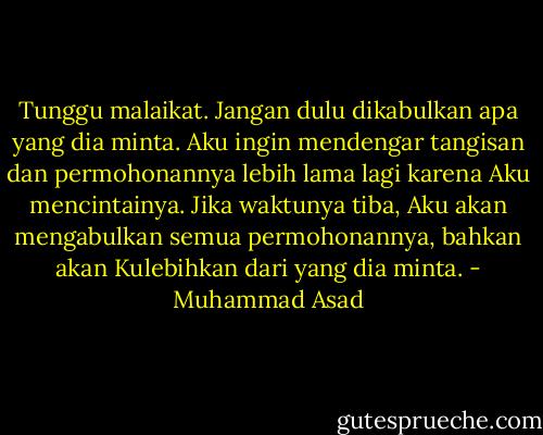 Tunggu malaikat. Jangan dulu dikabulkan apa yang dia minta. Aku ingin mendengar tangisan dan permohonannya lebih lama lagi karena Aku mencintainya. Jika waktunya tiba, Aku akan mengabulkan semua permohonannya, bahkan akan Kulebihkan dari yang dia minta. - Muhammad Asad
