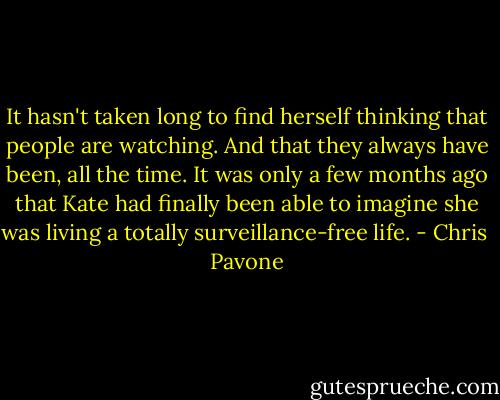 It hasn't taken long to find herself thinking that people are watching. And that they always have been, all the time. It was only a few months ago that Kate had finally been able to imagine she was living a totally surveillance-free life. - Chris  Pavone