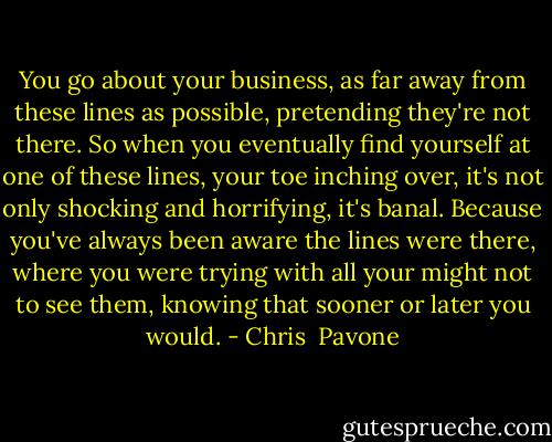 You go about your business, as far away from these lines as possible, pretending they're not there. So when you eventually find yourself at one of these lines, your toe inching over, it's not only shocking and horrifying, it's banal. Because you've always been aware the lines were there, where you were trying with all your might not to see them, knowing that sooner or later you would. - Chris  Pavone