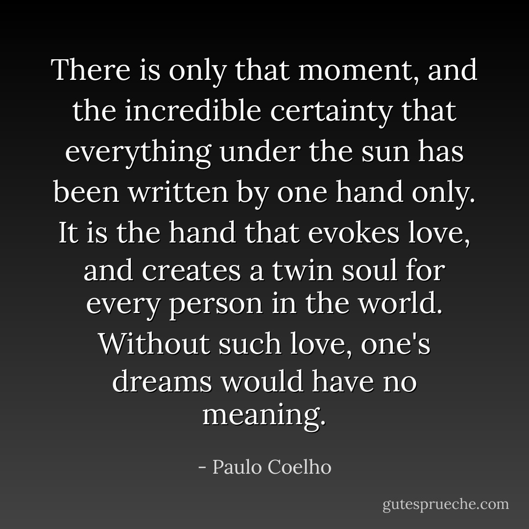 There is only that moment, and the incredible certainty that everything under the sun has been written by one hand only. It is the hand that evokes love, and creates a twin soul for every person in the world. Without such love, one's dreams would have no meaning. - Paulo Coelho