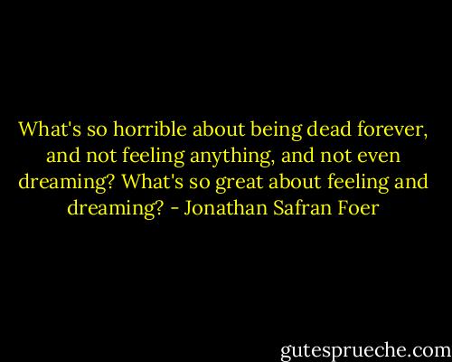 What's so horrible about being dead forever, and not feeling anything, and not even dreaming? What's so great about feeling and dreaming? - Jonathan Safran Foer