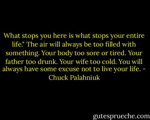 What stops you here is what stops your entire life."<br />The air will always be too filled with something. Your body too sore or tired. Your father too drunk. Your wife too cold. You will always have some excuse not to live your life. - Chuck Palahniuk