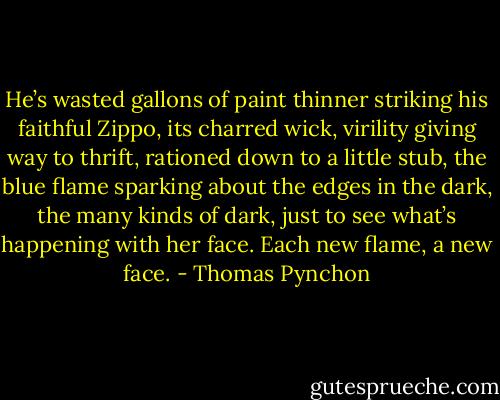 He’s wasted gallons of paint thinner striking his faithful Zippo, its charred wick, virility giving way to thrift, rationed down to a little stub, the blue flame sparking about the edges in the dark, the many kinds of dark, just to see what’s happening with her face. Each new flame, a new face. - Thomas Pynchon