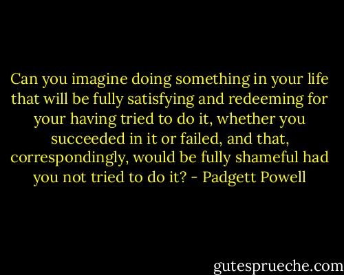 Can you imagine doing something in your life that will be fully satisfying and redeeming for your having tried to do it, whether you succeeded in it or failed, and that, correspondingly, would be fully shameful had you not tried to do it? - Padgett Powell