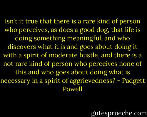 Isn't it true that there is a rare kind of person who perceives, as does a good dog, that life is doing something meaningful, and who discovers what it is and goes about doing it with a spirit of moderate hustle, and there is a not rare kind of person who perceives none of this and who goes about doing what is necessary in a spirit of aggrievedness? - Padgett Powell