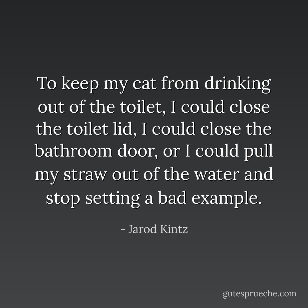 To keep my cat from drinking out of the toilet, I could close the toilet lid, I could close the bathroom door, or I could pull my straw out of the water and stop setting a bad example. - Jarod Kintz