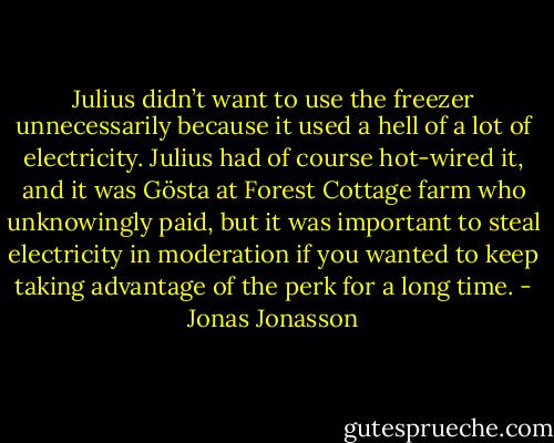 Julius didn’t want to use the freezer unnecessarily because it used a hell of a lot of electricity. Julius had of course hot-wired it, and it was Gösta at Forest Cottage farm who unknowingly paid, but it was important to steal electricity in moderation if you wanted to keep taking advantage of the perk for a long time. - Jonas Jonasson