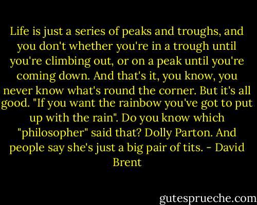 Life is just a series of peaks and troughs, and you don't whether you're in a trough until you're climbing out, or on a peak until you're coming down. And that's it, you know, you never know what's round the corner. But it's all good. "If you want the rainbow you've got to put up with the rain". Do you know which "philosopher" said that? Dolly Parton. And people say she's just a big pair of tits. - David Brent