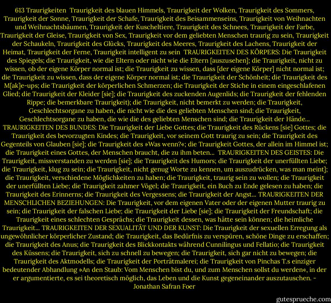 613 Traurigkeiten<br /><br />Traurigkeit des blauen Himmels, Traurigkeit der Wolken, Traurigkeit des Sommers, Traurigkeit der Sonne, Traurigkeit der Schafe, Traurigkeit des Beisammenseins, Traurigkeit von Weihnachten und Weihnachtsbäumen, Traurigkeit der Kuscheltiere, Traurigkeit des Schnees, Traurigkeit der Farbe, Traurigkeit der Gleise, Traurigkeit von Sex, Traurigkeit vor dem geliebten Menschen traurig zu sein, Traurigkeit der Schaukeln, Traurigkeit des Glücks, Traurigkeit des Meeres, Traurigkeit des Lachens, Traurigkeit der Heimat, Traurigkeit der Ferne, Traurigkeit intelligent zu sein<br /><br />TRAURIGKEITEN DES KÖRPERS: Die Traurigkeit des Spiegels; die Traurigkeit, wie die Eltern oder nicht wie die Eltern [auszusehen]; die Traurigkeit, nicht zu wissen, ob der eigene<br />Körper normal ist; die Traurigkeit zu wissen, dass [der eigene Körper] nicht normal ist; die Traurigkeit zu wissen, dass der eigene Körper normal ist; die Traurigkeit der Schönheit; die Traurigkeit des M[ak]e-ups; die Traurigkeit der körperlichen Schmerzen; die Traurigkeit der Stiche in einem eingeschlafenen Glied; die Traurigkeit der Kleider [sie]; die Traurigkeit des zuckenden Augenlids; die Traurigkeit der fehlenden Rippe; die bemerkbare<br />Traurigkeit); die Traurigkeit, nicht bemerkt zu werden; die Traurigkeit, Geschlechtsorgane zu haben, die nicht wie die des geliebten Menschen sind; die Traurigkeit, Geschlechtsorgane zu haben, die wie die des geliebten Menschen sind; die Traurigkeit der Hände...<br />TRAURIGKEITEN DES BUNDES: Die Traurigkeit der Liebe Gottes; die Traurigkeit des Rückens [sie] Gottes; die Traurigkeit des bevorzugten Kindes; die Traurigkeit, vor seinem Gott traurig zu sein; die Traurigkeit des Gegenteils<br />von Glauben [sie]; die Traurigkeit des »Was wenn?«; die Traurigkeit Gottes, der allein im Himmel ist; die Traurigkeit<br />eines Gottes, der Menschen braucht, die zu ihm beten... <br />TRAURIGKEITEN DES GEISTES: Die Traurigkeit, missverstanden zu werden [sie]; die Traurigkeit des Humors;<br />die Traurigkeit der unerfüllten Liebe; die Traurigkeit, klug zu sein; die Traurigkeit, nicht genug Worte zu kennen, um auszudrücken, was man meint]; die Traurigkeit, verschiedene Möglichkeiten zu haben; die Traurigkeit, traurig sein zu wollen; die Traurigkeit der unerfüllten Liebe; die Traurigkeit zahmer Vögel; die Traurigkeit, ein Buch zu Ende gelesen zu haben; die Traurigkeit des Erinnerns; die<br />Traurigkeit des Vergessens; die Traurigkeit der Angst...<br />TRAURIGKEITEN DER MENSCHLICHEN BEZIEHUNGEN:<br />Die Traurigkeit, vor dem eigenen Vater oder der eigenen Mutter traurig zu sein; die Traurigkeit der falschen Liebe;<br />die Traurigkeit der Liebe [sie]; die Traurigkeit der Freundschaft; die Traurigkeit eines schlechten Gesprächs; die Traurigkeit dessen, was hätte sein können; die heimliche Traurigkeit...<br />TRAURIGKEITEN DER SEXUALITÄT UND DER KUNST:<br />Die Traurigkeit der sexuellen Erregung als ungewöhnlicher körperlicher Zustand; die Traurigkeit, das Bedürfnis zu<br />verspüren, schöne Dinge zu erschaffen; die Traurigkeit des Anus; die Traurigkeit des Blickkontakts während Cunnilingus und Fellatio; die Traurigkeit des Küssens; die Traurigkeit, sich zu schnell zu bewegen; die Traurigkeit, sich gar nicht zu<br />bewegen; die Traurigkeit des Aktmodells; die Traurigkeit der Porträtmalerei; die Traurigkeit von Pinchas T.s einziger<br />bedeutender Abhandlung »An den Staub: Vom Menschen bist du, und zum Menschen sollst du werden«, in der er argumentierte, es sei theoretisch möglich, das Leben und die Kunst gegeneinander auszutauschen. - Jonathan Safran Foer