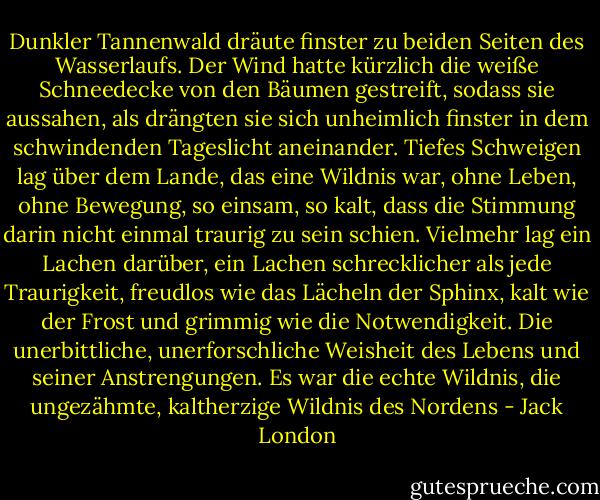 Dunkler Tannenwald dräute finster zu beiden Seiten des Wasserlaufs. Der Wind hatte kürzlich die weiße Schneedecke von den Bäumen gestreift, sodass sie aussahen, als drängten sie sich unheimlich finster in dem schwindenden Tageslicht aneinander. Tiefes Schweigen lag über dem Lande, das eine Wildnis war, ohne Leben, ohne Bewegung, so einsam, so kalt, dass die Stimmung darin nicht einmal traurig zu sein schien. Vielmehr lag ein Lachen darüber, ein Lachen schrecklicher als jede Traurigkeit, freudlos wie das Lächeln der Sphinx, kalt wie der Frost und grimmig wie die Notwendigkeit. Die unerbittliche, unerforschliche Weisheit des Lebens und seiner Anstrengungen. Es war die echte Wildnis, die ungezähmte, kaltherzige Wildnis des Nordens - Jack London