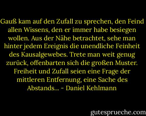 Gauß kam auf den Zufall zu sprechen, den Feind allen Wissens, den er immer habe besiegen wollen. Aus der Nähe betrachtet, sehe man hinter jedem Ereignis die unendliche Feinheit des Kausalgewebes. Trete man weit genug zurück, offenbarten sich die großen Muster. Freiheit und Zufall seien eine Frage der mittleren Entfernung, eine Sache des Abstands... - Daniel Kehlmann
