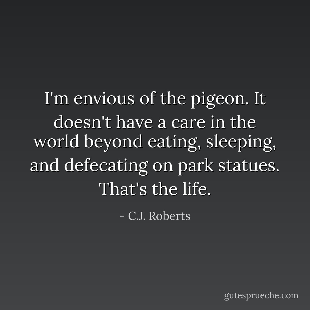 I'm envious of the pigeon. It doesn't have a care in the world beyond eating, sleeping, and defecating on park statues. That's the life. - C.J. Roberts