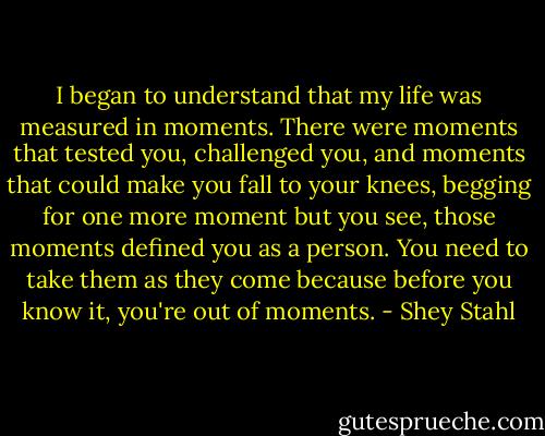 I began to understand that my life was measured in moments. There were moments that tested you, challenged you, and moments that could make you fall to your knees, begging for one more moment but you see, those moments defined you as a person. You need to take them as they come because before you know it, you're out of moments. - Shey Stahl