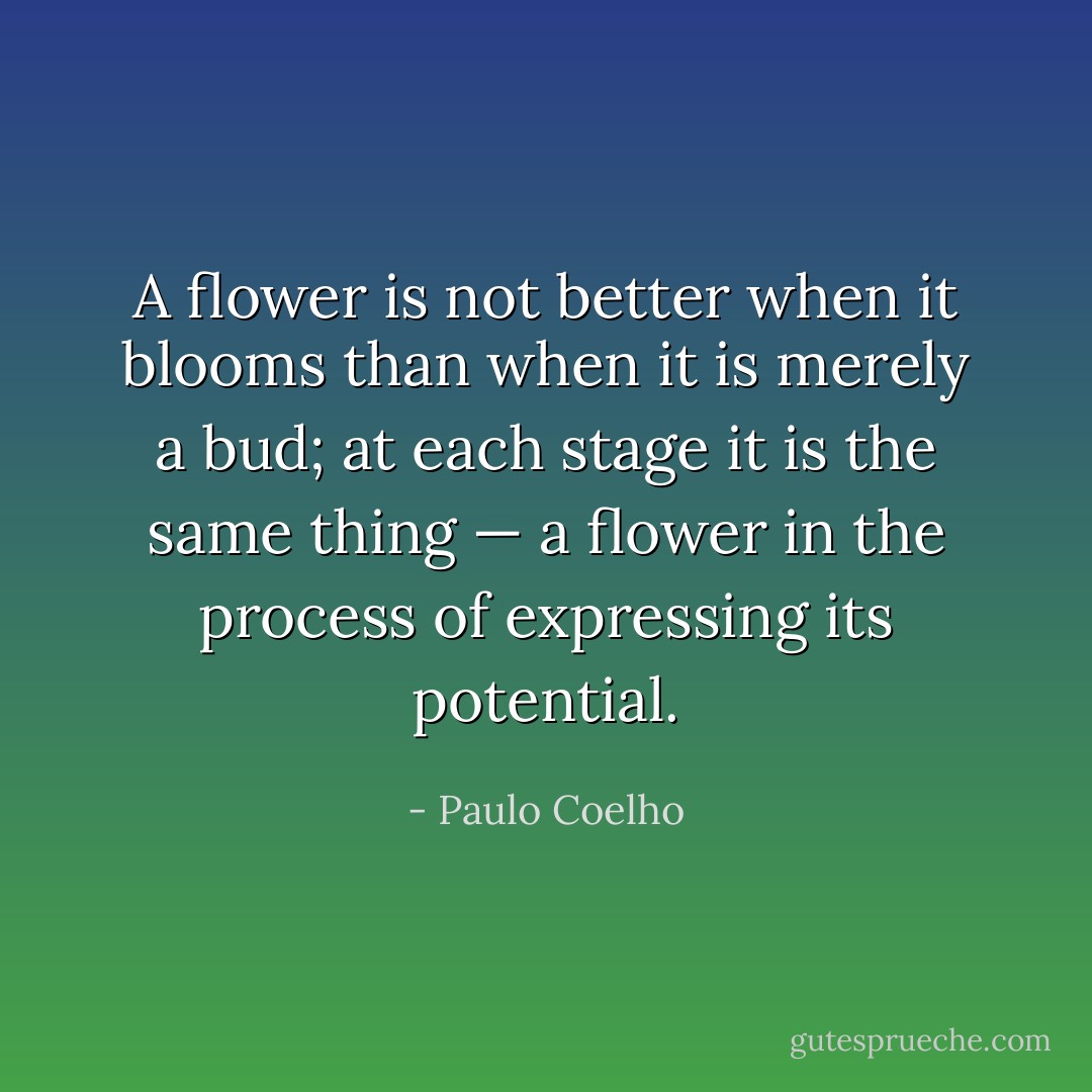 A flower is not better when it blooms than when it is merely a bud; at each stage it is the same thing — a flower in the process of expressing its potential. - Paulo Coelho