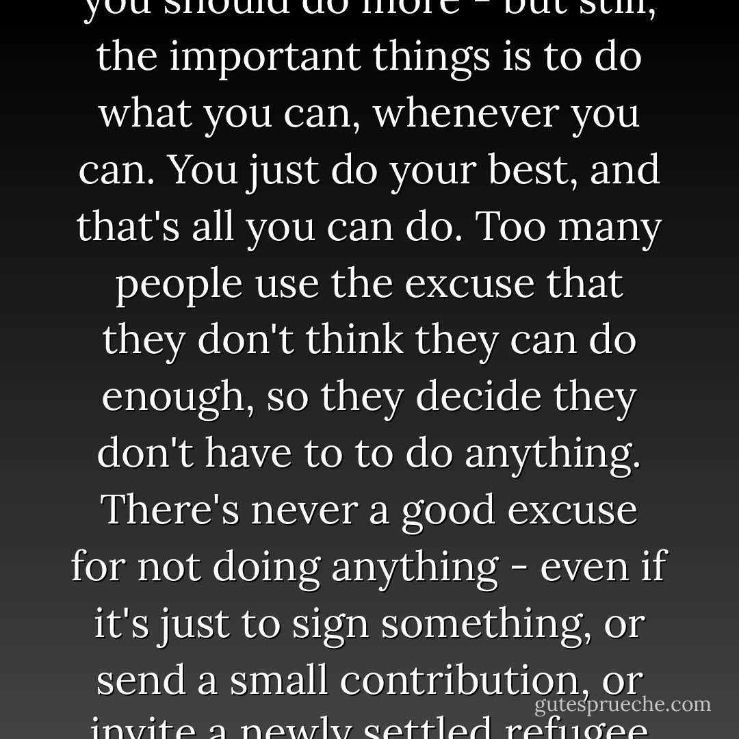 Of course you could do more - you can always do more, and you should do more - but still, the important things is to do what you can, whenever you can. You just do your best, and that's all you can do. Too many people use the excuse that they don't think they can do enough, so they decide they don't have to to do anything. There's never a good excuse for not doing anything - even if it's just to sign something, or send a small contribution, or invite a newly settled refugee family over for Thanksgiving. - Will Schwalbe