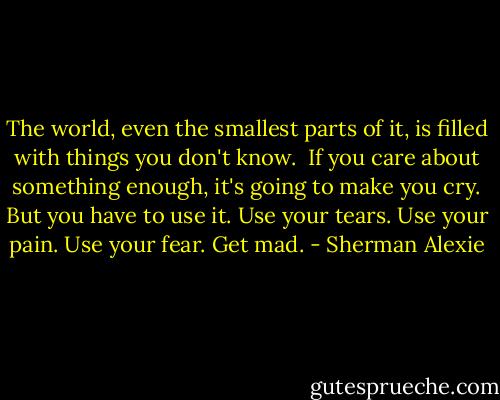 The world, even the smallest parts of it, is filled with things you don't know.<br /><br />If you care about something enough, it's going to make you cry. But you have to use it. Use your tears. Use your pain. Use your fear. Get mad. - Sherman Alexie