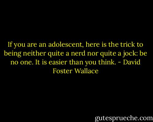 If you are an adolescent, here is the trick to being neither quite a nerd nor quite a jock: be no one.<br />It is easier than you think. - David Foster Wallace