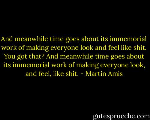 And meanwhile time goes about its immemorial work of making everyone look and feel like shit. You got that? And meanwhile time goes about its immemorial work of making everyone look, and feel, like shit. - Martin Amis