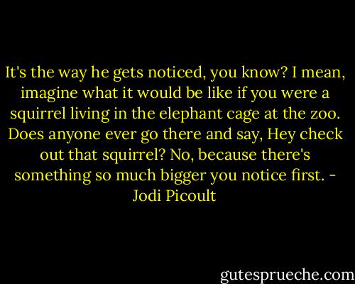 It's the way he gets noticed, you know? I mean, imagine what it would be like if you were a squirrel living in the elephant cage at the zoo. Does anyone ever go there and say, Hey check out that squirrel? No, because there's something so much bigger you notice first. - Jodi Picoult