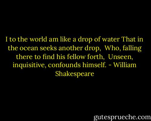 I to the world am like a drop of water<br />That in the ocean seeks another drop, <br />Who, falling there to find his fellow forth, <br />Unseen, inquisitive, confounds himself. - William Shakespeare