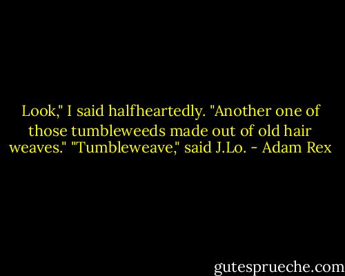 Look," I said halfheartedly. "Another one of those tumbleweeds made out of old hair weaves."<br />"Tumbleweave," said J.Lo. - Adam Rex