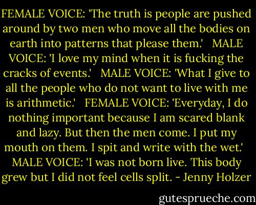 FEMALE VOICE: 'The truth is people are pushed around by two men who move all the bodies on earth into patterns that please them.'<br /><br /> MALE VOICE: 'I love my mind when it is fucking the cracks of events.'<br /><br /> MALE VOICE: 'What I give to all the people who do not want to live with me is arithmetic.'<br /><br /> FEMALE VOICE: 'Everyday, I do nothing important because I am scared blank and lazy. But then the men come. I put my mouth on them. I spit and write with the wet.'<br /><br /> MALE VOICE: 'I was not born live. This body grew but I did not feel cells split. - Jenny Holzer