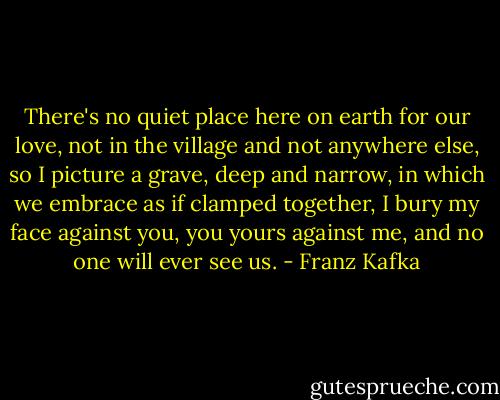 There's no quiet place here on earth for our love, not in the village and not anywhere else, so I picture a grave, deep and narrow, in which we embrace as if clamped together, I bury my face against you, you yours against me, and no one will ever see us. - Franz Kafka