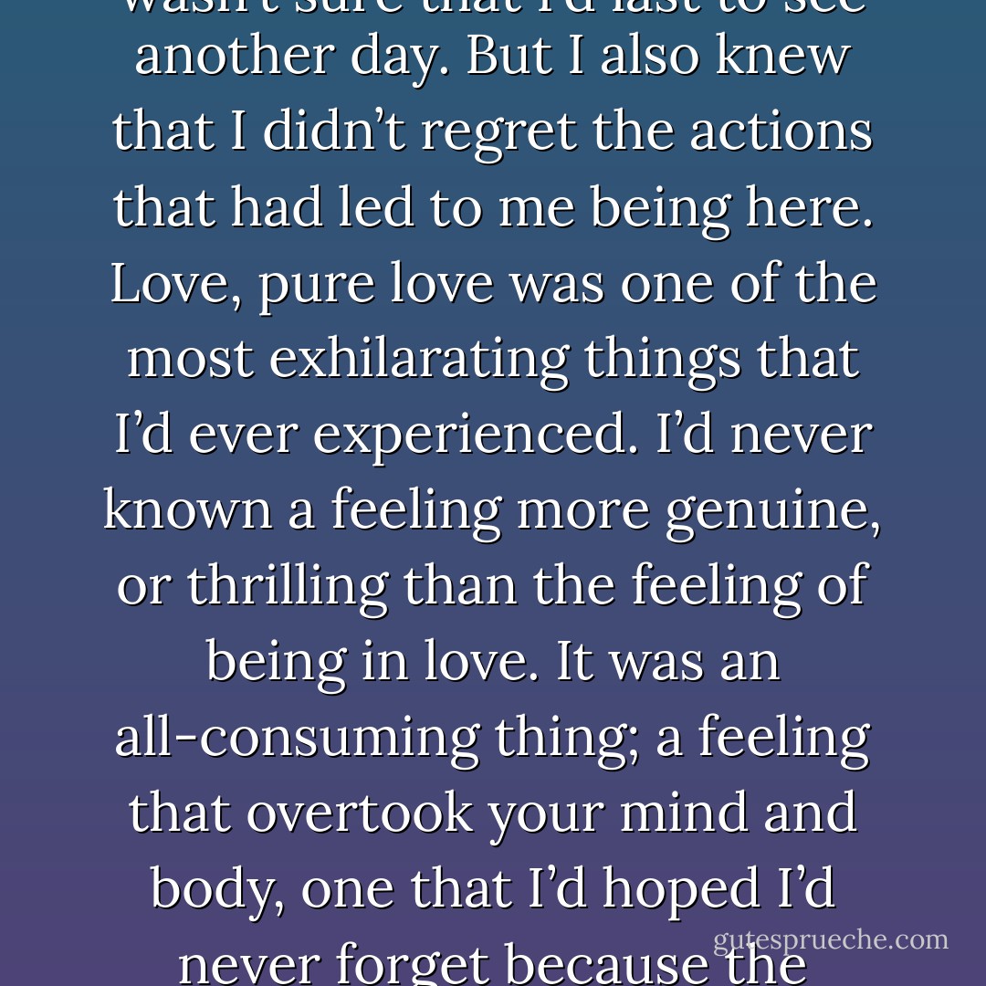 I knew that I was about to walk into Hell – not literally, of course, but as close to it as one could get on Earth – and I wasn’t sure that I’d last to see another day. But I also knew that I didn’t regret the actions that had led to me being here.<br />Love, pure love was one of the most exhilarating things that I’d ever experienced.<br />I’d never known a feeling more genuine, or thrilling than the feeling of being in love.<br />It was an all-consuming thing; a feeling that overtook your mind and body, one that I’d hoped I’d never forget because the experience of love was something that every person should have had the right to. - Nicole Sobon
