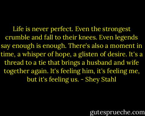 Life is never perfect. Even the strongest crumble and fall to their knees. Even legends say enough is enough. There's also a moment in time, a whisper of hope, a glisten of desire. It's a thread to a tie that brings a husband and wife together again. It's feeling him, it's feeling me, but it's feeling us. - Shey Stahl