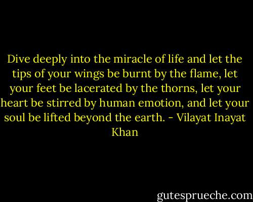 Dive deeply into the miracle of life and let the tips of your wings be burnt by the flame, let your feet be lacerated by the thorns, let your heart be stirred by human emotion, and let your soul be lifted beyond the earth. - Vilayat Inayat Khan