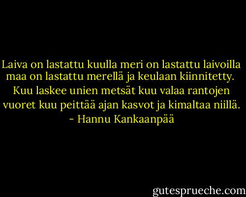 Laiva on lastattu kuulla<br />meri on lastattu laivoilla<br />maa on lastattu merellä<br />ja keulaan kiinnitetty.<br /><br />Kuu laskee unien metsät<br />kuu valaa rantojen vuoret<br />kuu peittää ajan kasvot<br />ja kimaltaa niillä. - Hannu Kankaanpää