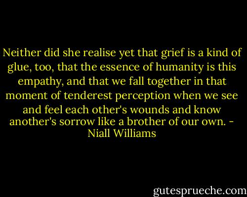 Neither did she realise yet that grief is a kind of glue, too, that the essence of humanity is this empathy, and that we fall together in that moment of tenderest perception when we see and feel each other's wounds and know another's sorrow like a brother of our own. - Niall Williams