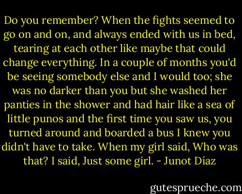 Do you remember? When the fights seemed to go on and on, and always ended with us in bed, tearing at each other like maybe that could change everything. In a couple of months you'd be seeing somebody else and I would too; she was no darker than you but she washed her panties in the shower and had hair like a sea of little punos and the first time you saw us, you turned around and boarded a bus I knew you didn't have to take. When my girl said, Who was that? I said, Just some girl. - Junot Díaz