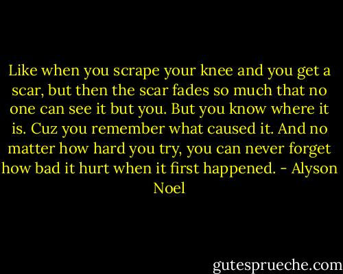 Like when you scrape your knee and you get a scar, but then the<br />scar fades so much that no one can see it but you. But you know where it is. Cuz you remember what caused it. And<br />no matter how hard you try, you can never forget how bad it hurt when it first happened. - Alyson Noel