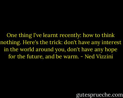 One thing I've learnt recently: how to think nothing. Here's the trick: don't have any interest in the world around you, don't have any hope for the future, and be warm. - Ned Vizzini