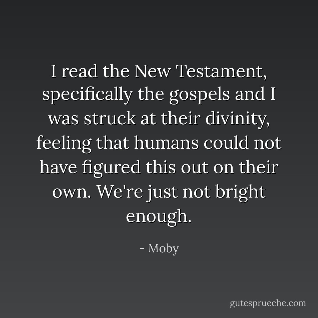 I read the New Testament, specifically the gospels and I was struck at their divinity, feeling that humans could not have figured this out on their own. We're just not bright enough. - Moby