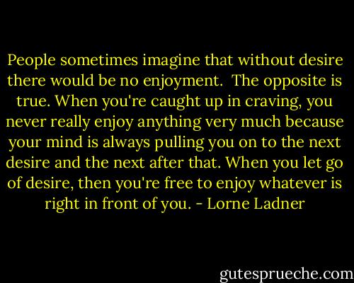 People sometimes imagine that without desire there would be no enjoyment. <br />The opposite is true. When you're caught up in craving, you never really enjoy anything very much because your mind is always pulling you on to the next desire and the next after that. When you let go of desire, then you're free to enjoy whatever is right in front of you. - Lorne Ladner