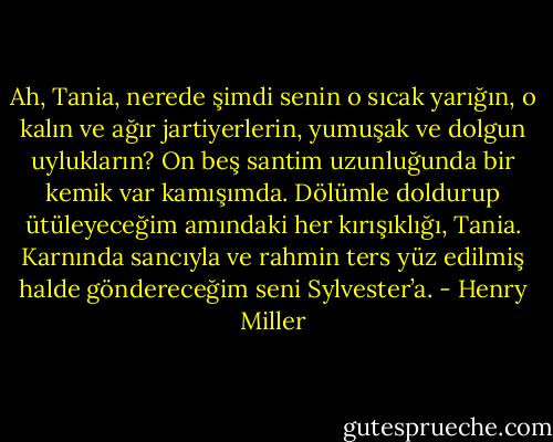 Ah, Tania, nerede şimdi senin o sıcak yarığın, o kalın ve ağır jartiyerlerin, yumuşak ve dolgun uylukların? On beş santim uzunluğunda bir kemik var kamışımda. Dölümle doldurup ütüleyeceğim amındaki her kırışıklığı, Tania. Karnında sancıyla ve rahmin ters yüz edilmiş halde göndereceğim seni Sylvester’a. - Henry Miller