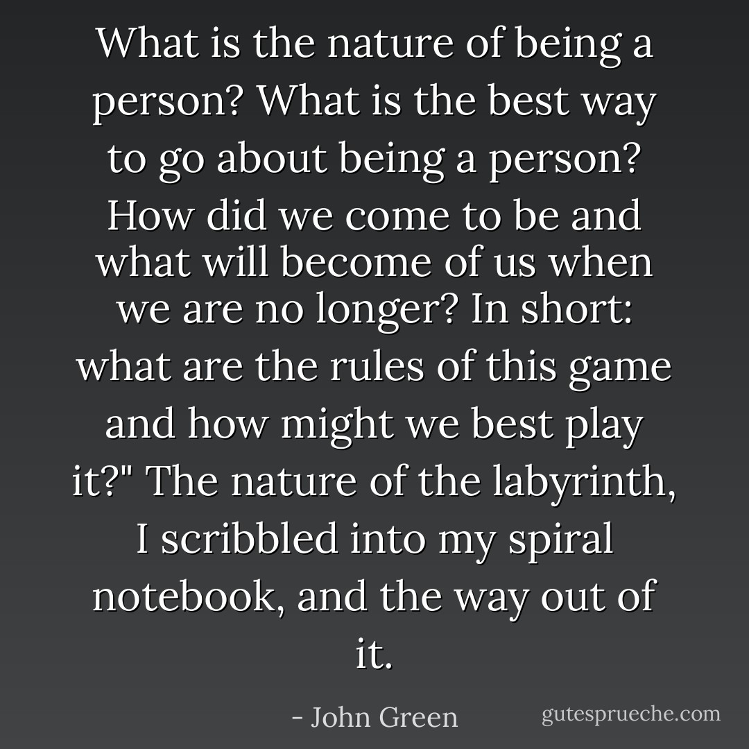 What is the nature of being a person? What is the best way to go about being a person? How did we come to be and what will become of us when we are no longer? In short: what are the rules of this game and how might we best play it?"<br />The nature of the labyrinth, I scribbled into my spiral notebook, and the way out of it. - John Green